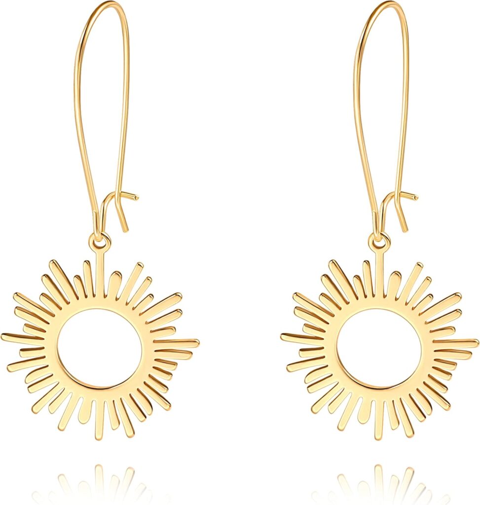 SOFYBJA Dainty 18K Gold Plated Disc Ball Triangle Sunburst Drop Earrings Long Dangle Lightweight Handmade Earrings Jewelry