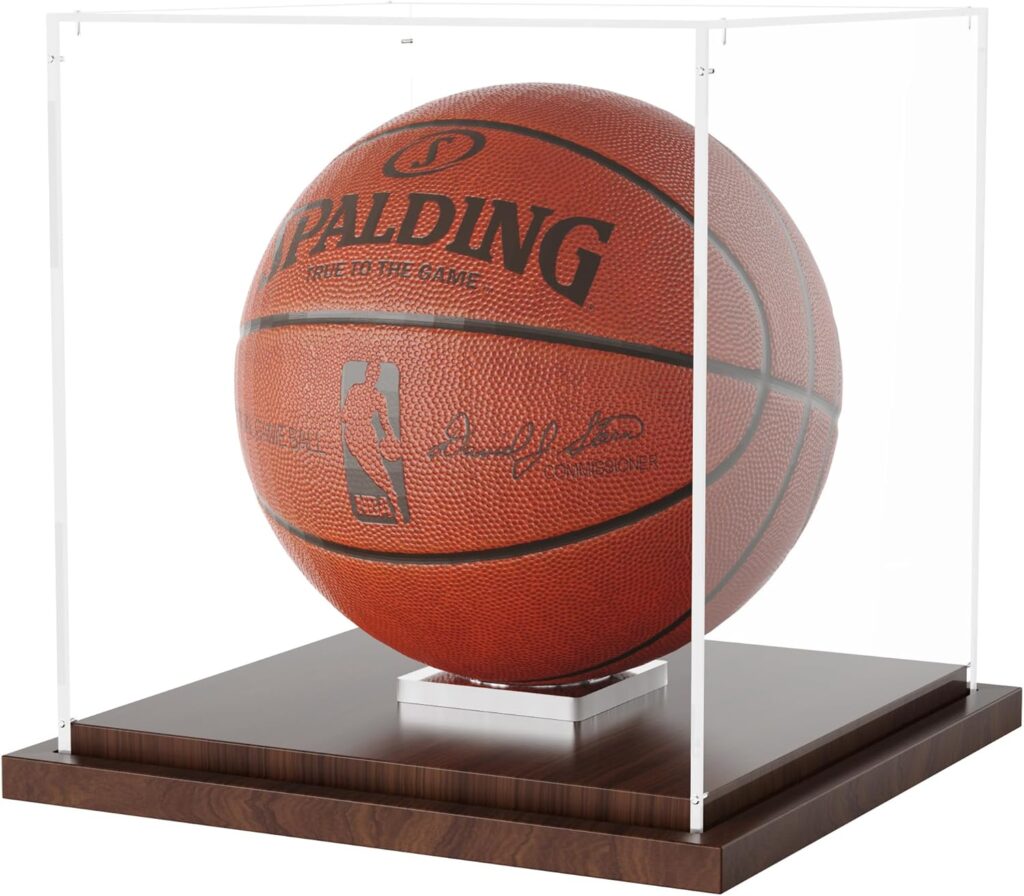 Basketball Display Case with Wood Base, Clear Acrylic Basketball Case Display Box with Removable Built-in Ball Holder for Autographed Balls, Sports Collectibles, Memorabilia Displays