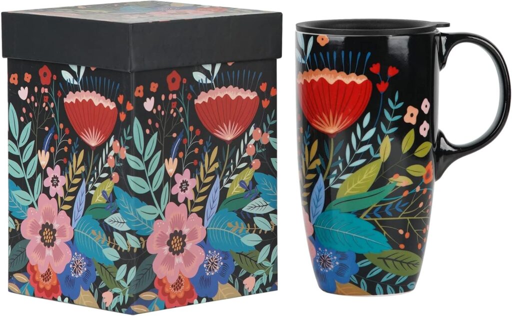 DUSVALLY Ceramic Mug Tall Coffee Cup with Lid, Porcelain, Tea Cup with Handle for Latte, Cappuccino and Cocoa, Home and Office Coffee Cups, Art Pattern in Color Box, 17 oz, Black and Colorful Flowers