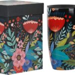 DUSVALLY Ceramic Mug Tall Coffee Cup with Lid, Porcelain, Tea Cup with Handle for Latte, Cappuccino and Cocoa, Home and Office Coffee Cups, Art Pattern in Color Box, 17 oz, Black and Colorful Flowers