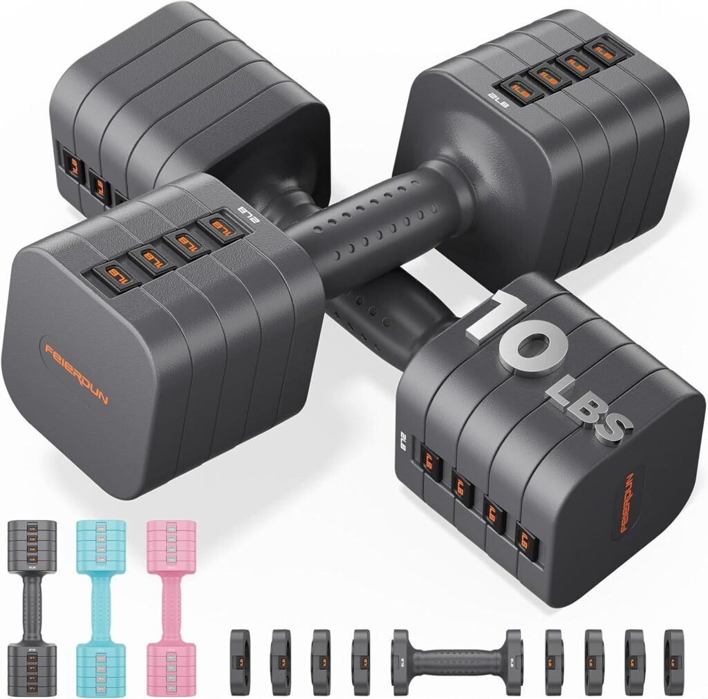 FEIERDUN 5-in-1 Adjustable Dumbbell Set of 2, 20LBS/10LBS Hand Weights for Women, 1s-Adjust Dual-Stable Dumbbell Set for Women Home Gym & Outdoor