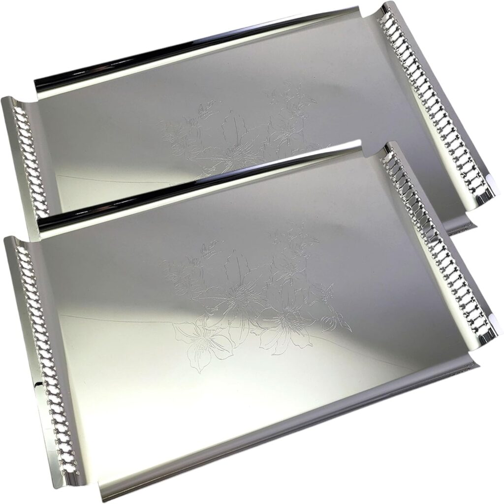 (Pack of 2 18.9 inch x 11.9 inch Rectangular Chrome Plated Silver Serving Tray with Handles Stylish Floral Engraved Party Wedding Dessert Buffet Decor Platter Plate NC-113