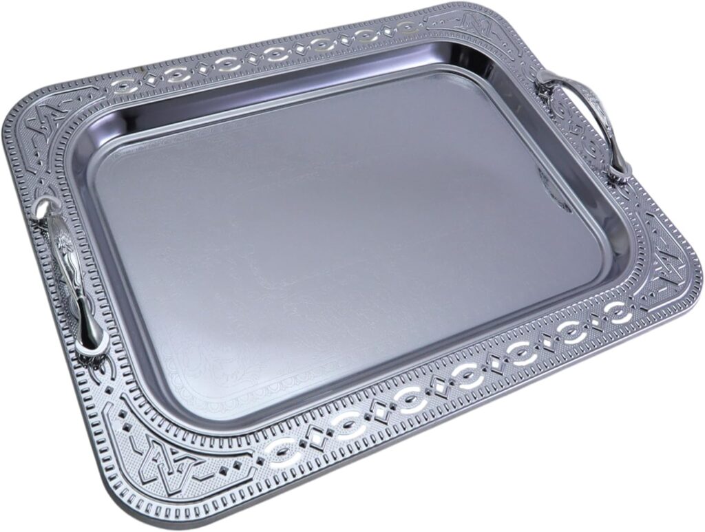 17.2 inch x 12.5 inch Oblong Chrome Plated Serving Tray with Handles Stylish Design Floral Engraved Edge Decorative Party Wedding Dessert Buffet Wine Platter Plate Dish Base FST-017