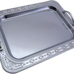 17.2 inch x 12.5 inch Oblong Chrome Plated Serving Tray with Handles Stylish Design Floral Engraved Edge Decorative Party Wedding Dessert Buffet Wine Platter Plate Dish Base FST-017
