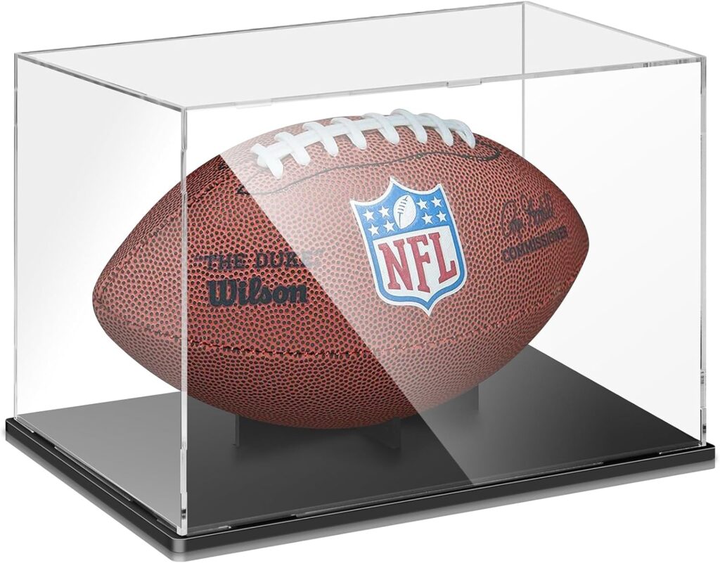 Football Display Case, Premium Clear Acrylic Display Case Full Size with Removable Interior Football Display Stand, Thickened UV Protection Autographed Football Display Holder