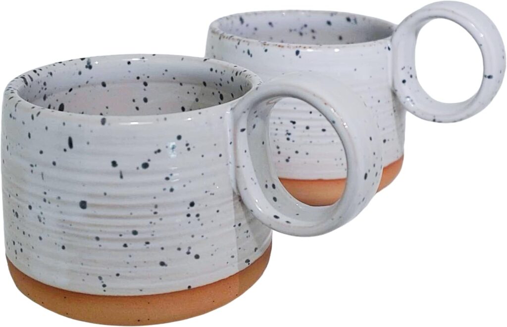 Bossa Stoneware Ceramic Cappuccino Cup 8oz White Set of 2 | Handcrafted Specialty Coffee Mug with Glazed Glossy Finish, Raw Unglazed Base & Large Handle | Microwave & Dishwasher Safe