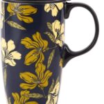 Ceramic Coffee Mug Travel Cup with Lid for Home & Office, 17oz Porcelain Tall Tea Cup with Handle, Black & Yellow Flower Mug, 6.5″ H