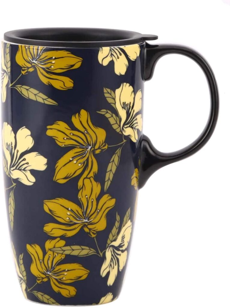 Ceramic Coffee Mug Travel Cup with Lid for Home & Office, 17oz Porcelain Tall Tea Cup with Handle, Black & Yellow Flower Mug, 6.5″ H