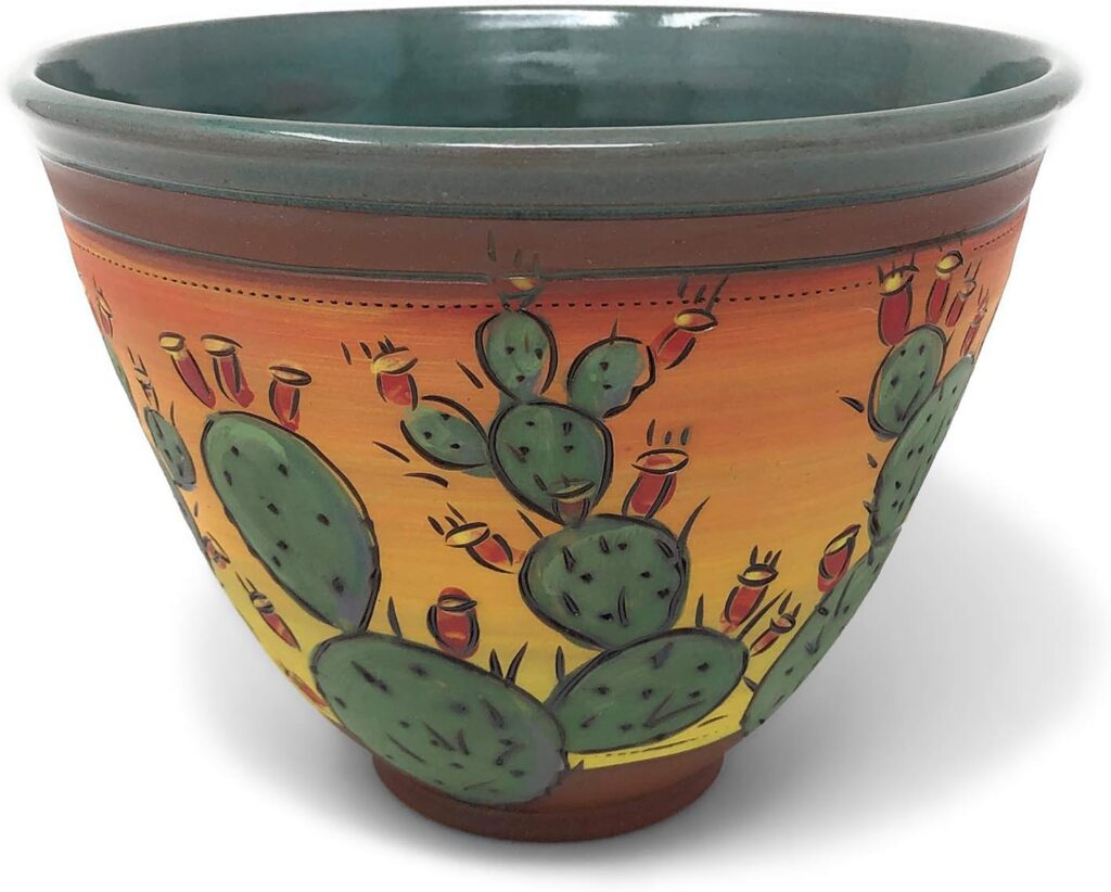 Prickly Pear Cactus 7″ Round Bowl, American Handmade Pottery by Jennifer Stas, Green/Multi