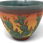 Prickly Pear Cactus 7″ Round Bowl, American Handmade Pottery by Jennifer Stas, Green/Multi