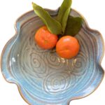 Irish Pottery Bowl Hand-Glazed, Wave Shaped Design 9.8″” Diameter with Celtic Spiral Motif, Light Blue