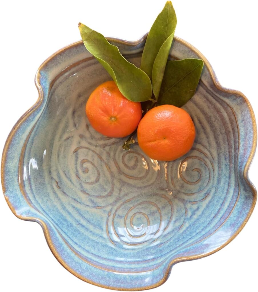 Irish Pottery Bowl Hand-Glazed, Wave Shaped Design 9.8″” Diameter with Celtic Spiral Motif, Light Blue