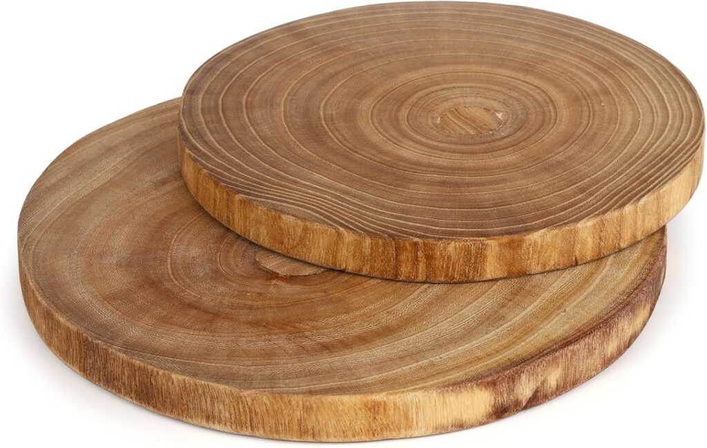 Nicunom 2 Pack Large Wood Slab Serving Board, 9″-10″/11″-12″ Wood Cheese Server Round Cutting Board, Wooden Slices for Table Centerpieces
