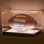 Football Display Case with Light, UV Protection Clear Acrylic Football Box Full Size with Solid Wood Base, LED with USB Soccer Stand for Autographed Ball Ideal Gift (Avoid Fast Charging Plug)