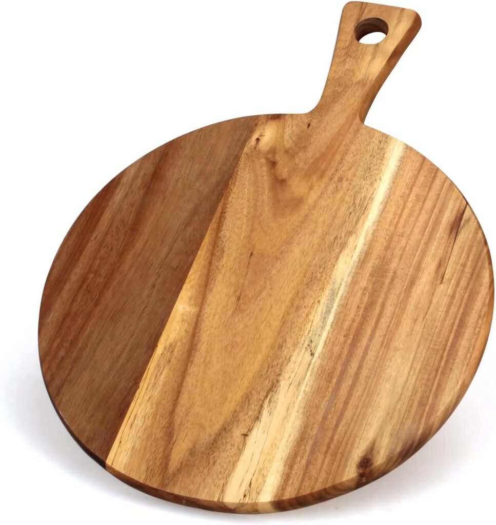 Acacia Wood Cutting Board with Handle Wooden Chopping Board Round Cutting Boards for Kitchen Decor Large Charcuterie Board Tray Teak Meat Cheese Board Bread Serving Platter Butcher Block Pizza Board