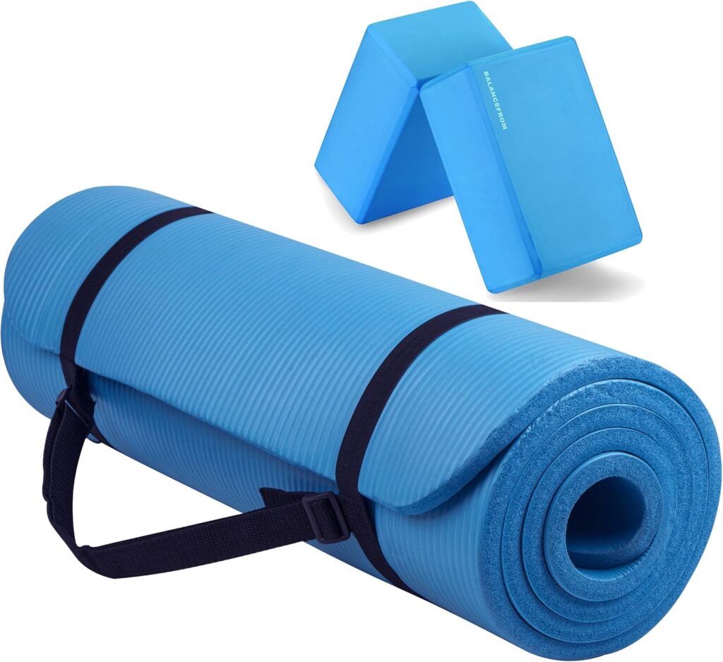 Fitvids All Purpose 1/2-Inch Extra Thick High Density Anti-Tear Exercise Yoga Mat with Carrying Strap and Yoga Blocks, Multiple Colors