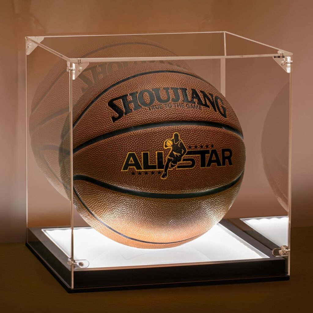 Basketball Display Case with LED Light, Thickened UV Protection Clear Acrylic Lid Basketball Holder, Wooden Basketball Base Stand for Autographed Ball and Memorial Gift