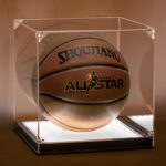 Basketball Display Case with LED Light, Thickened UV Protection Clear Acrylic Lid Basketball Holder, Wooden Basketball Base Stand for Autographed Ball and Memorial Gift