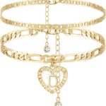 YANODA Initial Ankle Bracelets for Women 14K Gold Plated Layered Figaro Chain Letter Initial Anklets Handmade Layered Heart Ankle Bracelets Personalized Jewelry for Women