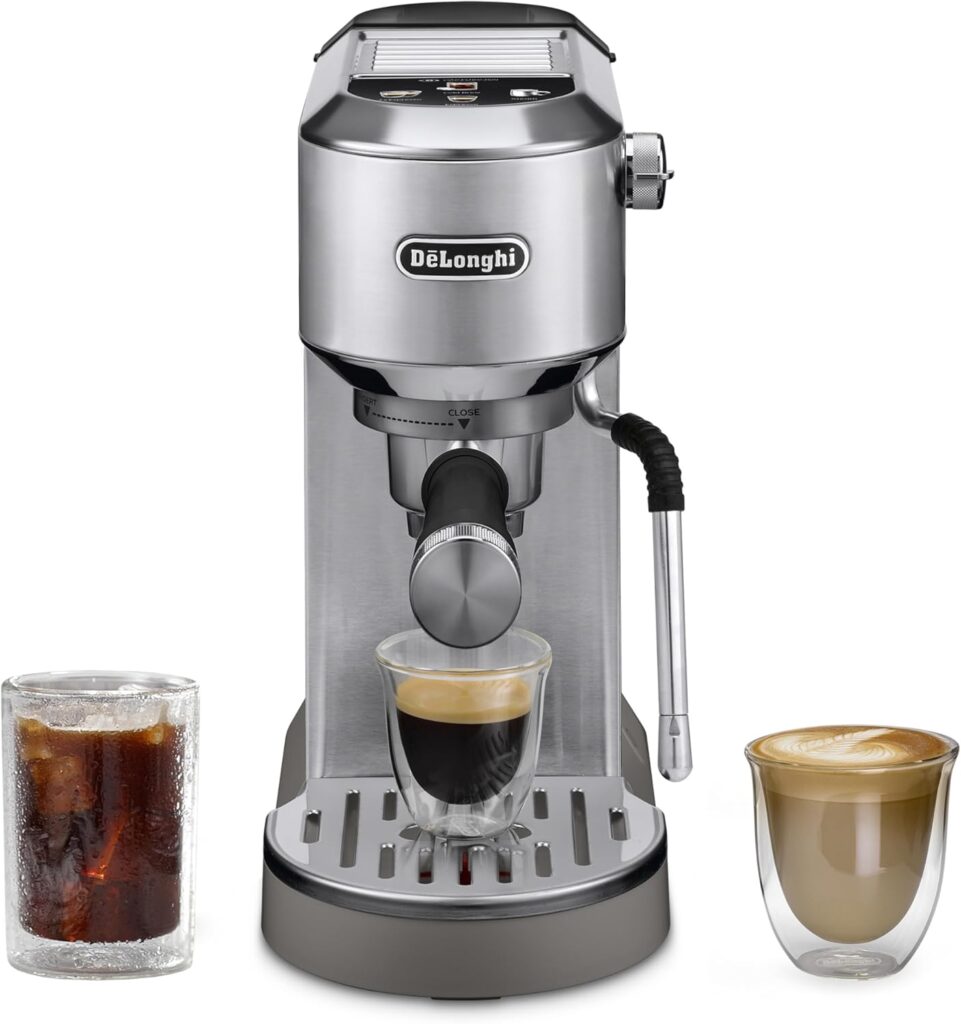 De’Longhi Dedica Duo Compact Espresso Machine – Cold Brew Coffee Maker with Milk Frother Wand- for Espresso, Hot & Iced Coffee, Cappuccinos, Lattes & Home Barista Brewing, Stainless Steel