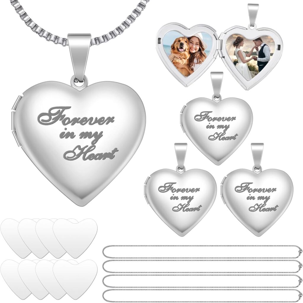 Forever in My Heart Locket Necklace Set Sublimation Pendant Trays Set That Hold Pictures Silver Locket Necklace Bezel Tray Chain Sublimation Discs for Women Mom Gift