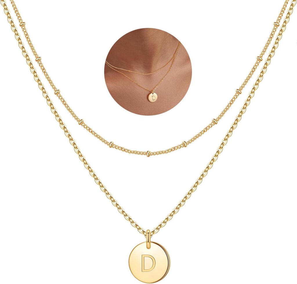 IEFWELL Initial Necklaces for Women Girls – 14K Gold-Plated Silver Double Side Engraved Hammered Coin Necklaces, Layered Necklace Jewelry Pendant for Teen Girls