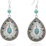 Handmade Vintage Boho Turquoise Dangling Earrings for Women, Sterling Silver Hooks