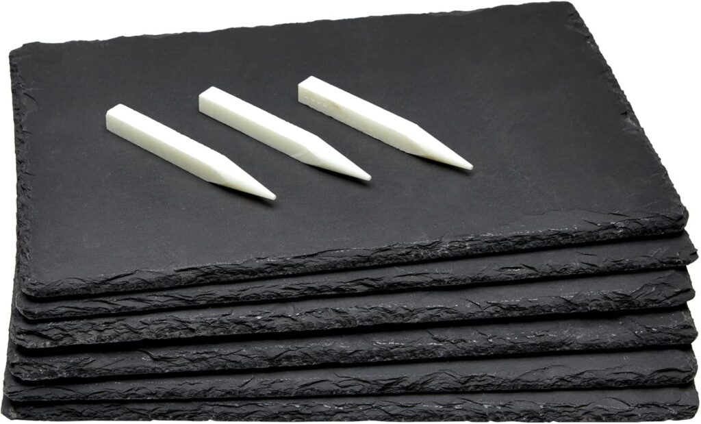 Juvale Mini Charcuterie Boards – 11.8 x 7.9 in, Black, Set Of 6 – Reusable Slate Plates with 3 Chalk Pieces – Heat-Resistant & Non-Porous – Versatile Sushi Plates & Gourmet Cheese Platter Display