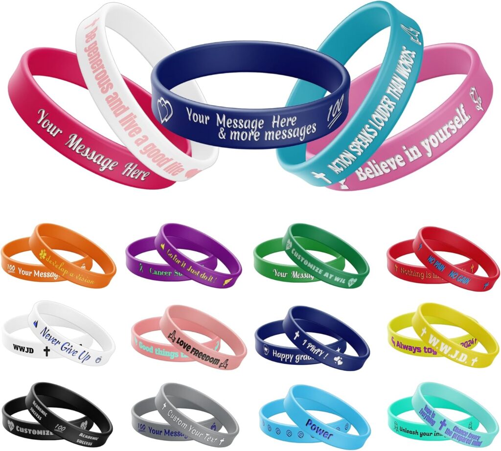 10-5000Pcs Custom Rubber Bracelets, Personalized Customizable Silicone Wristbands Clipart/Logo/Message, Rubber Bracelet Customized for Fundraisers, Awareness, Motivation Events