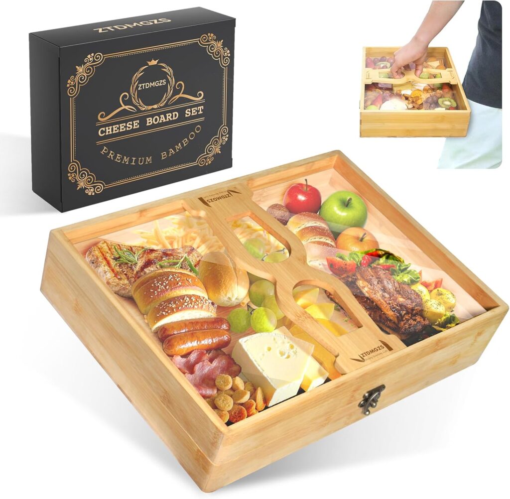 Charcuterie Board with Lid-Extra Large Bamboo Travel Portable Cheese Board-Serving Tray, Non-Slip Handles Engraved Design, Perfect for Wedding Gifts, Housewarming Party, Charcuterie Gifts for Women