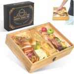Charcuterie Board with Lid-Extra Large Bamboo Travel Portable Cheese Board-Serving Tray, Non-Slip Handles Engraved Design, Perfect for Wedding Gifts, Housewarming Party, Charcuterie Gifts for Women