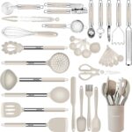 Kitchen Utensils Set-Silicone Cooking Utensils-33pcs Non-Stick Silicone Cooking Kitchen Utensils Spatula Set with Holder-Best Kitchen Cookware with Stainless Steel Handle (Khaki)