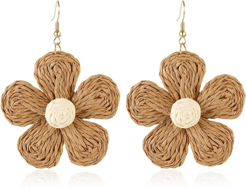 Handmade Raffia Hoop Earrings Statement Tropical Bohemian Straw Dangle Earrings Natural Rattan Vacation Style Round Earrings for Women Summer Beach Party Essential Jewelry