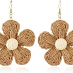 Handmade Raffia Hoop Earrings Statement Tropical Bohemian Straw Dangle Earrings Natural Rattan Vacation Style Round Earrings for Women Summer Beach Party Essential Jewelry