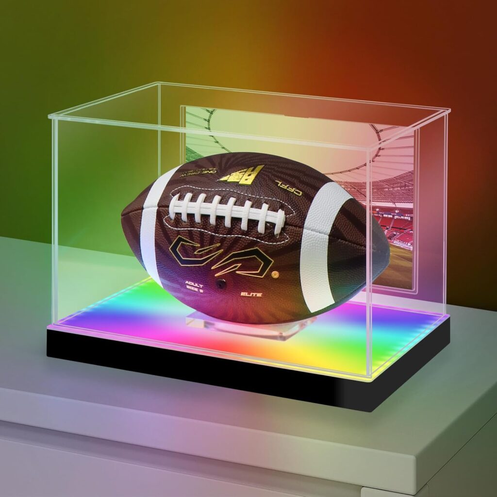 LASOA Football Display Case with RGBW LED Light, Self-Assembly Acrylic Display Box for Memorabilia, UV Protection Dust Proof for Full Size Autographed Ball with Ball Stand and Photo Holder