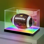 LASOA Football Display Case with RGBW LED Light, Self-Assembly Acrylic Display Box for Memorabilia, UV Protection Dust Proof for Full Size Autographed Ball with Ball Stand and Photo Holder