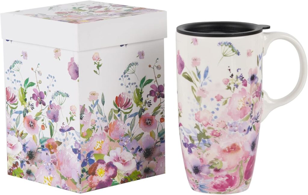 Topadorn Ceramic Coffee Mug Travel Cup Gift with Lid 17oz, Porcelain Tall Tea Cup with Handle for Home & Office, White & Pink Flower Art Pattern Mug in Gift Box, 6.5”H