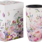 Topadorn Ceramic Coffee Mug Travel Cup Gift with Lid 17oz, Porcelain Tall Tea Cup with Handle for Home & Office, White & Pink Flower Art Pattern Mug in Gift Box, 6.5”H