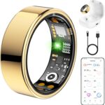 Ring Health Tracker for Women Men, Fitness Tracker with Heart Rate, Blood Oxygen, Sleep Monitor, Calories, Step Counter, IP68 Waterproof Smart Ring for iPhone & Android, No Subscription Fee (Gold, 7#)