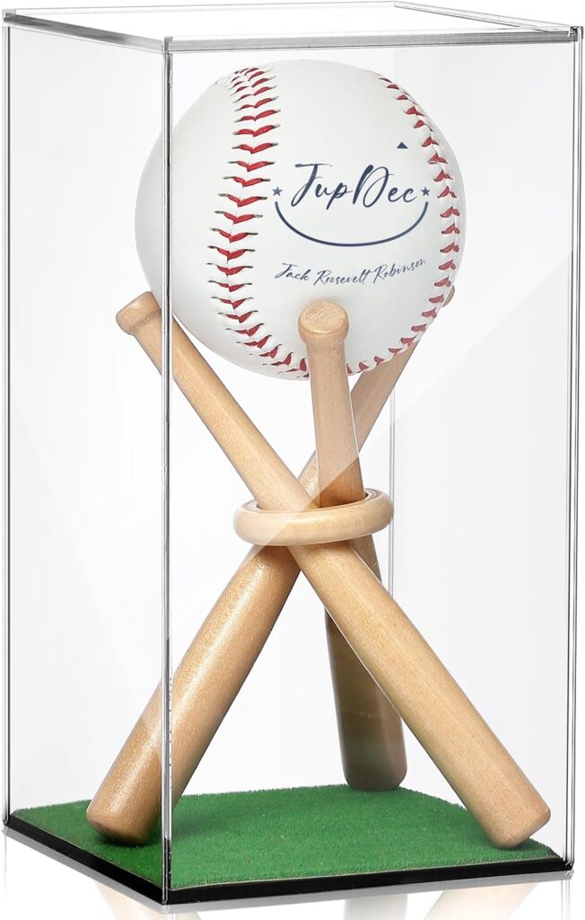 JupDec Baseball Display Case with Wood Stand, Clear Acrylic Stable & Secure Game Ball Holder Showcase, UV Protection Souvenirs and Collectibles Box with Turf, Ideal Gift for Autograph Single MLB Ball