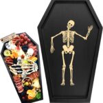 Coffin Charcuterie Boards,Wood Coffin Serving Trays and Platters with Engraved Skeleton Decor,Black Cheese Board Candy Bowl Gothic Kitchen Dishes Decor for Halloween Party