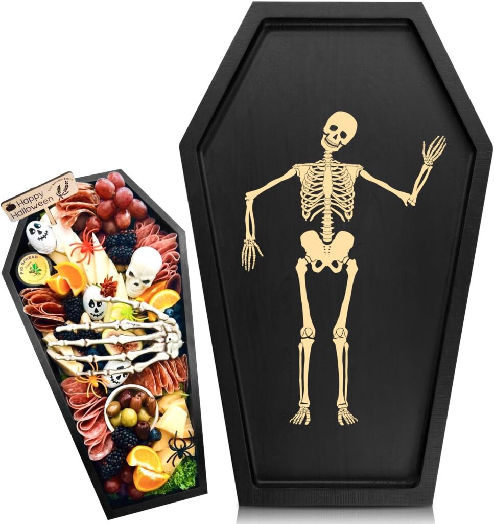 Coffin Charcuterie Boards,Wood Coffin Serving Trays and Platters with Engraved Skeleton Decor,Black Cheese Board Candy Bowl Gothic Kitchen Dishes Decor for Halloween Party
