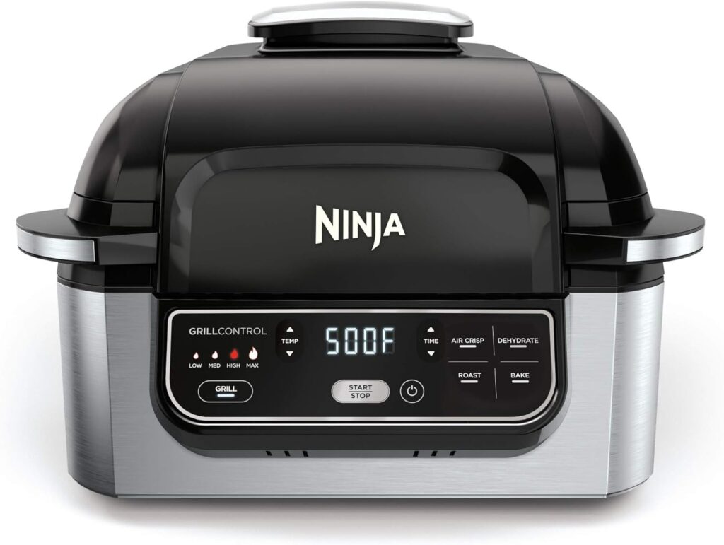 Ninja | Indoor Grill | Foodi | 5-in-1 (Grill, Air Fry, Roast, Bake, and Dehydrate | Fits up to 3lb Roast | Smoke Control System and Dishwasher Safe Parts| Black/Grey | AG301