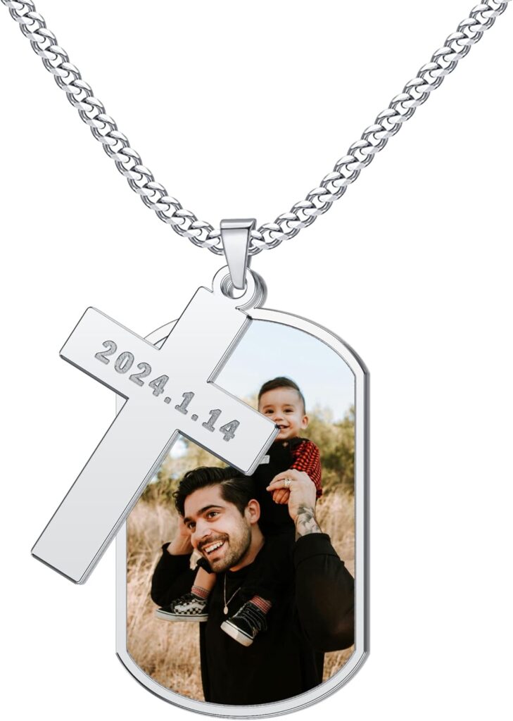 Custom Picture Necklace Personalized Photo Cross Name Pendant for Men Dad Custom Nameplated Dog Tag Necklace for Memorial Necklace with Picture Hip Hop Jewelry