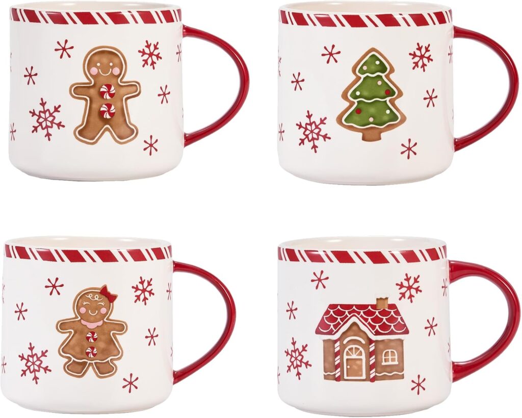 Bico Traditional Gingerbread Man Ceramic Mug Set of 4, Christmas Coffee Mugs, 19oz Holiday Cups for Tea, Cocoa, or Hot Drinks, Microwave & Dishwasher Safe