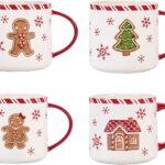 Bico Traditional Gingerbread Man Ceramic Mug Set of 4, Christmas Coffee Mugs, 19oz Holiday Cups for Tea, Cocoa, or Hot Drinks, Microwave & Dishwasher Safe