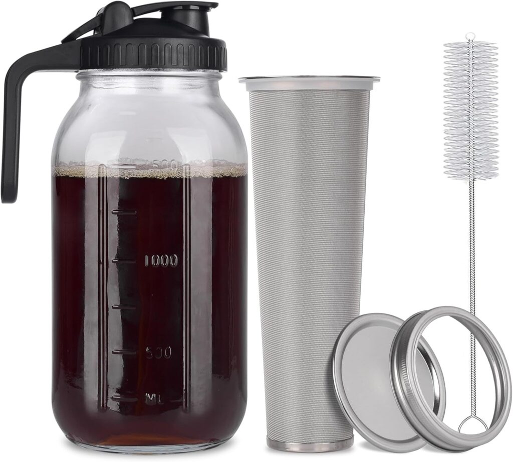 Cold Brew Mason Jar iced Coffee Maker, Durable Glass, – 64 oz (2 Quart / 1.9 Liter), With Handle& Stainless Steel Filter for Iced Brew Coffee, Lemonade, Ice Tea, Homemade Fruit Drinks Container