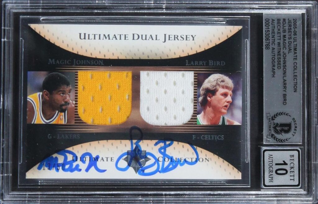 Magic Johnson & Larry Bird Signed 2005 Ultimate DJJB 13/50 Card Auto 10 BAS Slab – Basketball Autographed Cards