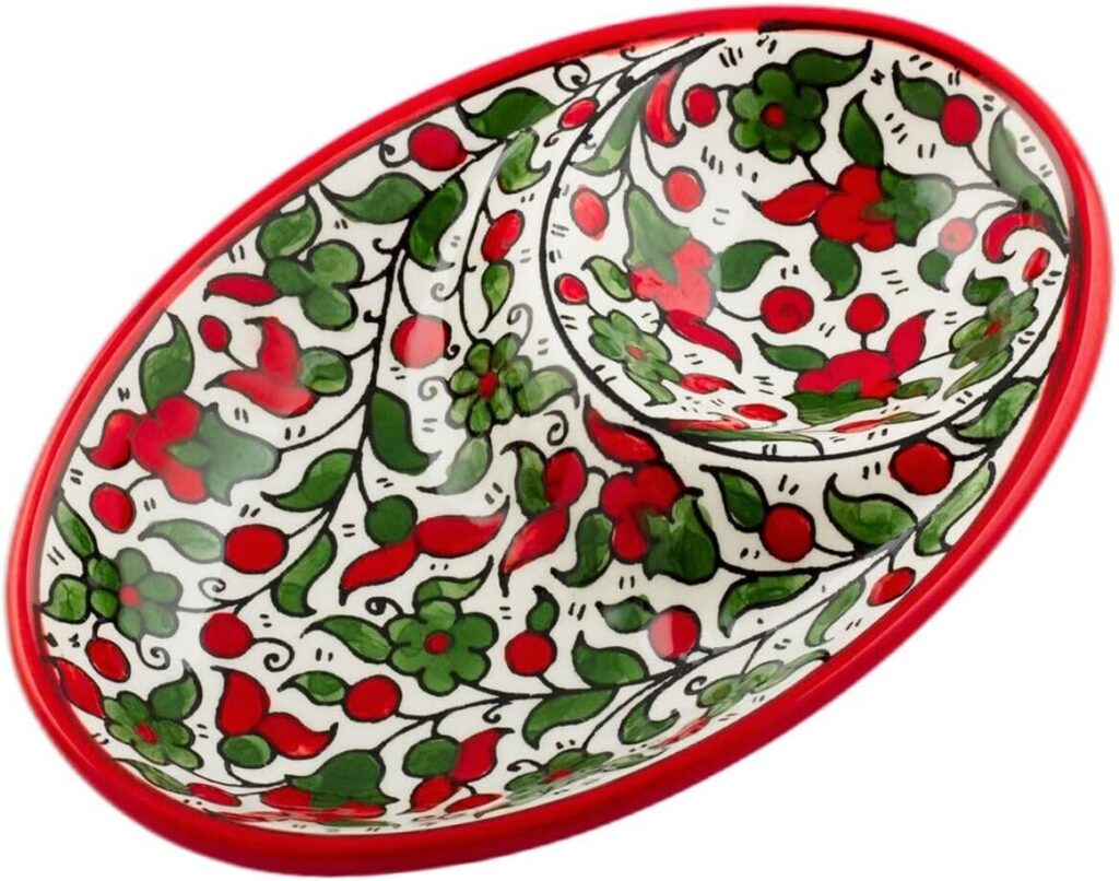 Armenian Ceramic Oval Red & Green Serving Decorative Bowl Spoon Rest for Snacks & Dip Pottery Plate Colourful Floral Handmade Art Decor Glazed Jerusalem