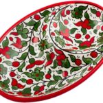 Armenian Ceramic Oval Red & Green Serving Decorative Bowl Spoon Rest for Snacks & Dip Pottery Plate Colourful Floral Handmade Art Decor Glazed Jerusalem